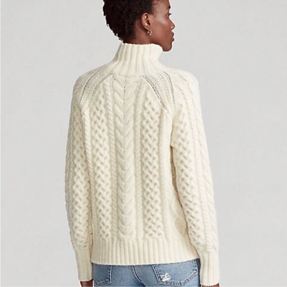 Polo Ralph Lauren Aran Knit Wool Alpaca Blend Mock Turtleneck Sweater in Cream - Picture 12 of 16